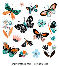 Butterflies and flowers, hand drawn collection of different element, isolated on white