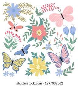 Butterflies and flowers. Hand drawn vector summer and spring collection