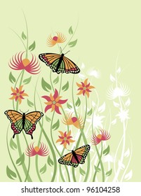 Butterflies and Flowers illustration on a green background.
