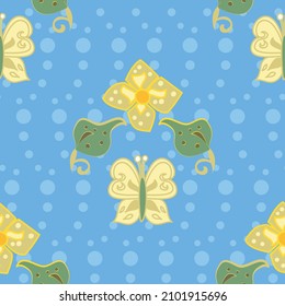 Butterflies, flowers and leaved vector repeat pattern in blue, yellow and green