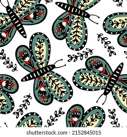 Butterflies, flowers and leaves seamless pattern. Hand drawn butterfly endless wallpaper. Cute flying insect print. Folklore style. Animal folk motif. Design for fabric, textile, wrapping paper
