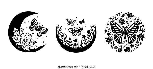 Butterflies with flowers and moon. Floral moths silhouette design. Vector monochrome signs.