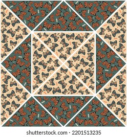 Butterflies and flowers mosaic seamless pattern. Butterfly tile. Flying insect endless wallpaper. Animal folklore motif. Design for fabric, textile, wrapping. Vector illustration