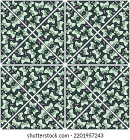 Butterflies and flowers mosaic seamless pattern. Butterfly tile. Flying insect endless wallpaper. Animal folklore motif. Design for fabric, textile, wrapping. Vector illustration