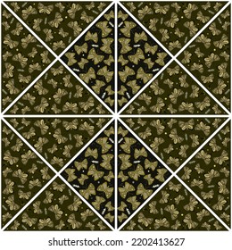 Butterflies and flowers mosaic seamless pattern. Butterfly tile. Flying insect endless wallpaper. Animal folklore motif. Design for fabric, textile, wrapping. Vector illustration