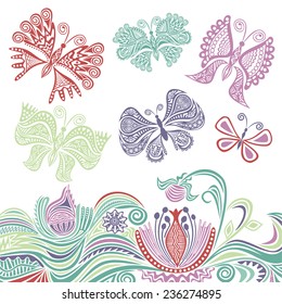 Butterflies and flowers nature pattern background vector illustration