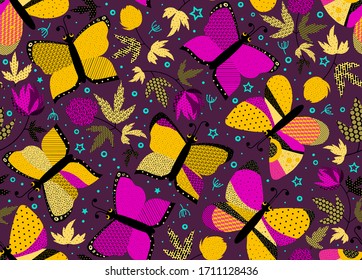 Butterflies and flowers on dark crimson background. Summer floral seamless pattern. Vector illustration patch work for wrapper, cloth, linens