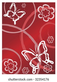 Butterflies and flowers on red background. Vector illustration.