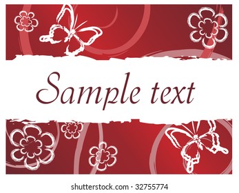 Butterflies and flowers on red background. Vector illustration.