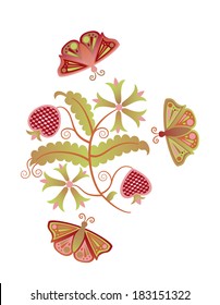 butterflies and flowers on white background