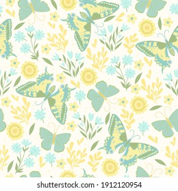 Butterflies and flowers in pastel colors seamless pattern. Vector graphics.
