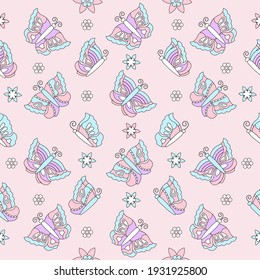 Butterflies and flowers. Patern. Seamless texture. Vector illustration. Spring background with multicolored butterflies.