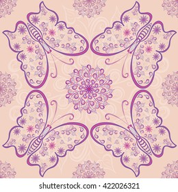 Butterflies & flowers pattern. Seamless texture with fantasy butterflies and floral motives on sweet pink background. Use: textile, greeting card, wallpaper, wrapping paper, decoupage, ceramic tile