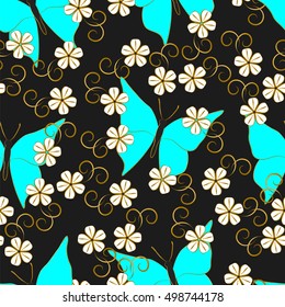 Butterflies and flowers seamless background, vector illustration