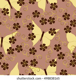 Butterflies and flowers seamless background, vector illustration
