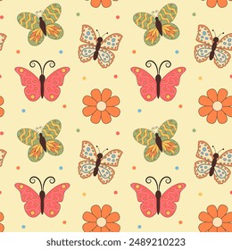 Butterflies and flowers seamless pattern. Floral repeat background for fabrics or wallpapers.