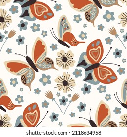 Butterflies and flowers. Seamless pattern with hand-drawn vector elements.