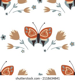 Mariposas y flores. Patrón sin soldadura en el fondo blanco