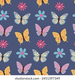 Butterflies and flowers seamless pattern on dark blue background. 