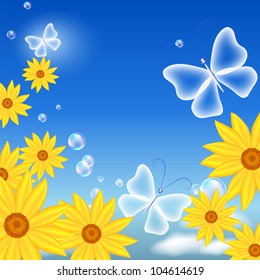 Butterflies and flowers in the sky