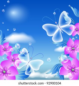 Butterflies and flowers in the sky