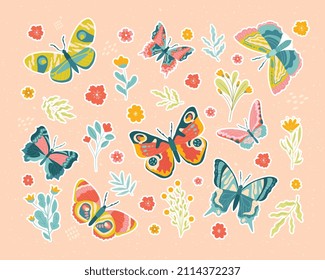 Butterflies and flowers stickers. Icons for social networks. Nature, insects flora and fauna. Cute bright pictures for childrens. Cartoon flat vector illustration isolated on pink background