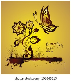 butterflies and flowers style line thai. Vector