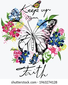 Butterflies with flowers and text. Print for T-shirts or pajamas. Vector illustrator.