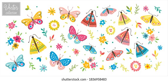 Butterflies and flowers. Vector elegant cute flower collection. Feminine floral graphic design elements. Leaves and branches. Hand sketched vector vintage element