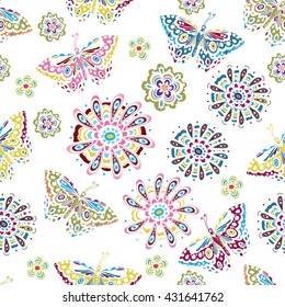 Butterflies and flowers. Vector seamless pattern. Millefleurs pattern. Butterflies and flowers vector illustration. Chinoiserie.  All over print.