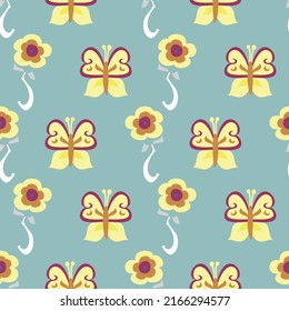 Butterflies and flowers vector seamless repeat pattern in 60s style