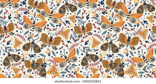 Butterflies and flowers wallpaper. Bright and stylish textile pattern. For printing on surfaces, clothes, pillows, cups, interior.
