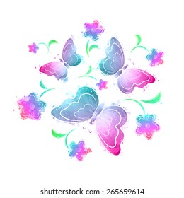 butterflies and flowers, watercolor background, vector illustration