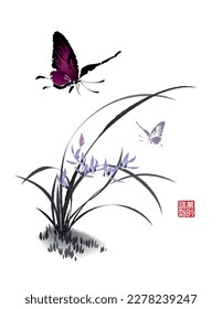 Butterflies flutter over Orchid flowers. Vector illustration in traditional oriental style. Text - "Perception of Beauty".