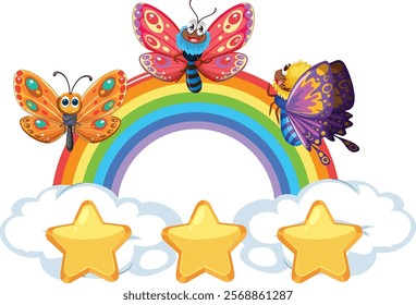 Butterflies flutter over a vibrant rainbow and stars