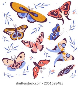 Butterflies Fluttering with Wings and Floral Twigs Vector Set