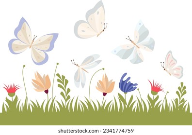 Butterflies fly in the meadow over the grass and flowers.