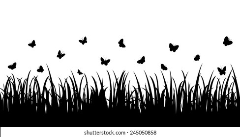 Butterflies fly over the grass. Seamless vector illustration.