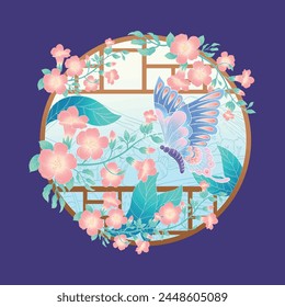 Butterflies fly in a window full of flowers