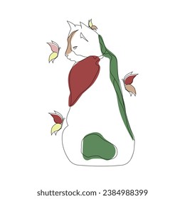 Butterflies are flying around the cat. Kitten playing with butterflies. Line art vector illustration.
