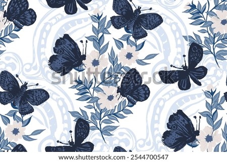 Butterflies flying around in clematis white floral garden. Dark blue, mint blue, cream colors on gray blue and off white background. A seamless vector pattern. Great for home decor, fabric, wallpaper.