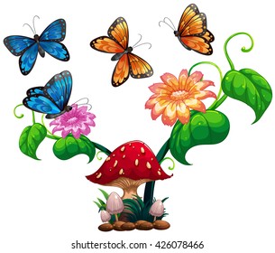 Butterflies flying around mushroom and flower illustration