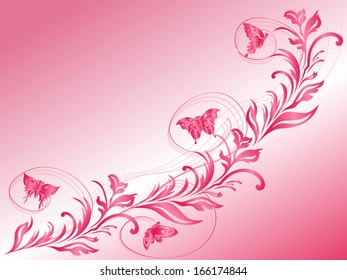 Butterflies flying a beautiful twig, hand drawing stylized vector greeting card in pink tints