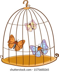 Butterflies flying in bird cage illustration
