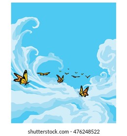 Butterflies Flying in A Blue Cloudy Sky Vector