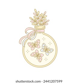 Butterflies flying in a magic flask decorated with silk ribbon and delicate foliage. Magical hand-drawn vector illustration in pastel colors.