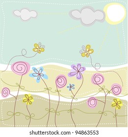 Butterflies are flying in a meadow with flowers