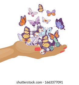 Butterflies flying on womans hand beautiful spring and summer insects vector cartoon illustration. Butterflies on girls arm isolated on white background.