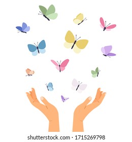 Butterflies flying from open hands. Isolated colorful butterfly, care or love metaphor. Flat forest seasonal insects vector illustration