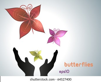Butterflies flying out of hands. Fully vector, enjoy